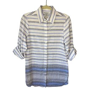 Tommy Bahama Womens Small Linen Cotton Striped Roll Tab Button Down Shirt Blue